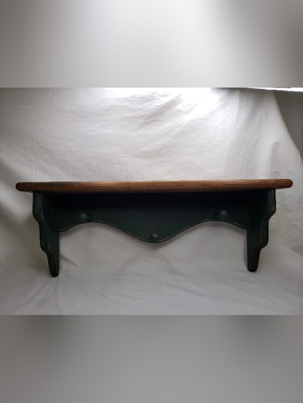 Vintage Green And Brown Wood Wall Shelf With Three Pegs